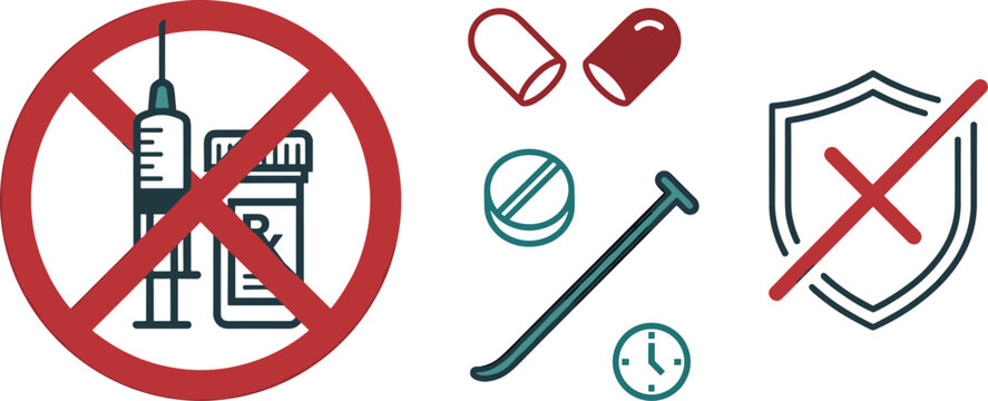 Drug Free Workplace Icon Set with Prohibited Syringe Medicine Bottle Capsule and Pill Vector Symbols for Security and Compliance Warning Signs