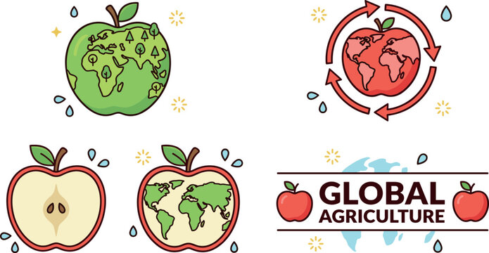 Global Agriculture and Eco Friendly Sustainability Vector Icon Set with World Map Apple Shapes Recycling Arrows and Nature Conservation Graphic Concepts