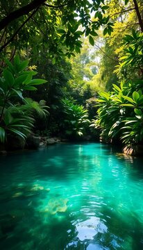 Emerald water meets dense foliage in a secluded Thai jungle pool, a perfect spot for unwinding on a bright, sunny day,  exotic nature,  clear water