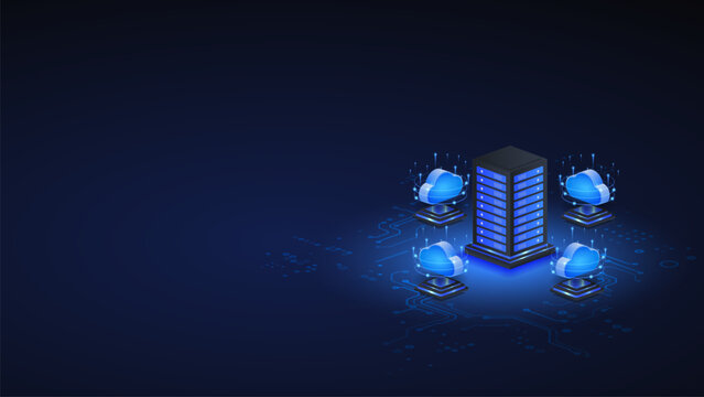 Ai cloud computing isometric vector illustration. Cloud Computing Technology Concept with Digital Data Storage.
