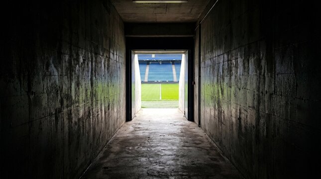 A dark concrete tunnel leading to a brightly lit sports stadium field and empty stands, creating a dramatic contrast between light and shadow.