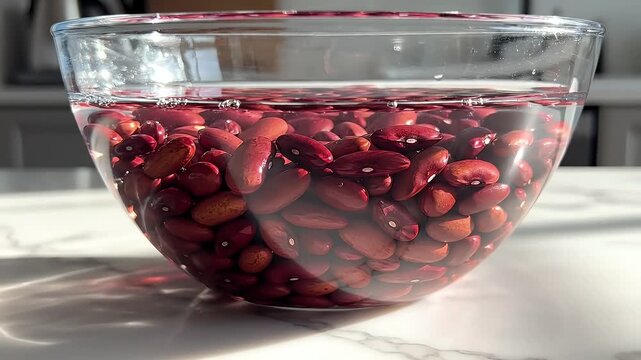Water is being poured over a bowl filled with red kidney beans, showcasing the initial step in the soaking process for cooking.