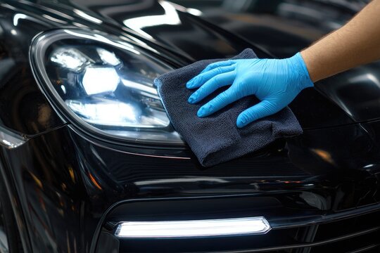 Hand in glove polishes shiny black vehicle headlight with microfiber cloth