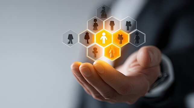 Hand presenting glowing honeycomb of diverse human icons