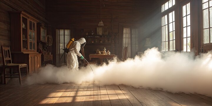 Person in protective suit fumigating room filled with thick fog