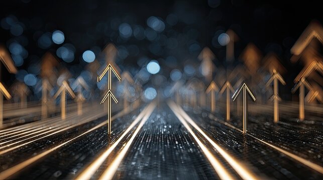 Abstract gold arrows ascend on luminous, futuristic paths, suggesting progress