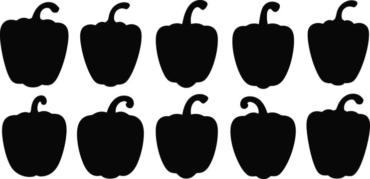 Ten Black Bell Pepper Silhouettes Pattern, Vector Vegetable Icons in Two Rows for Design, Counting, and Pattern Recognition