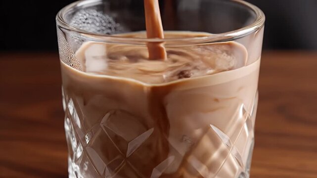 A stream of chocolate sauce is being poured into a glass of milk, creating a swirling pattern and a delicious-looking beverage.