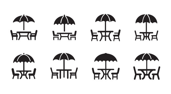Outdoor cafe table and chair set icons with umbrellas on a white background for commercial use