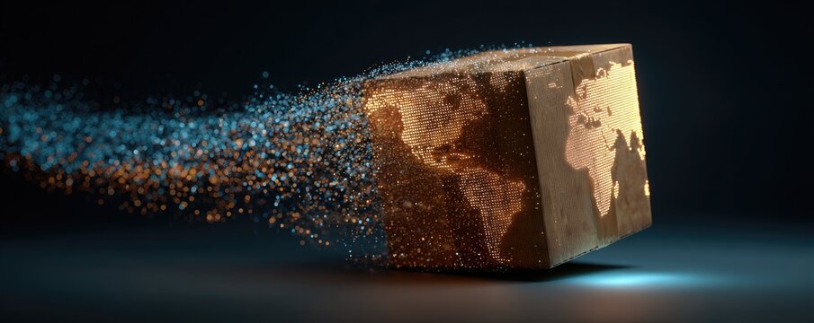 A cube with a world map dissolving into particles against a dark background