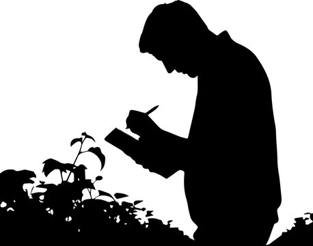 Black silhouette of a man writing in a notebook or taking notes while inspecting plants, isolated on transparent background