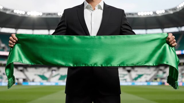 Man in Suit Holding Green Scarf at Soccer Stadium Ready for International Match and World Cup Celebration