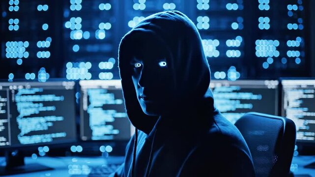 A silhouette of a person in a hoodie sitting in front of multiple computer screens