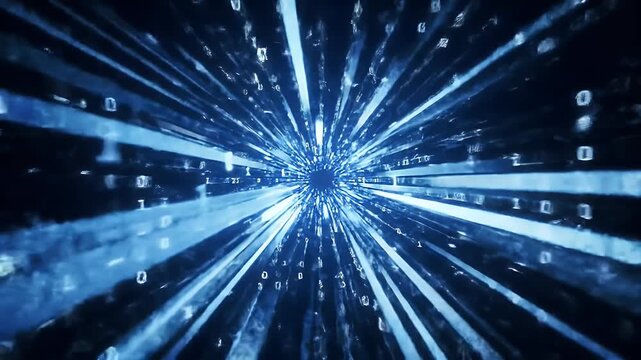 A fast-paced tunnel of light and digital code streaks into a bright center