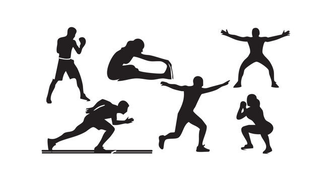 Workout fitness exercise poses set collection boxing stretching running jumping squatting black silhouette.