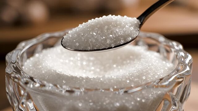 Closeup of Granulated Sugar in a Crystal Bowl with a Spoon.