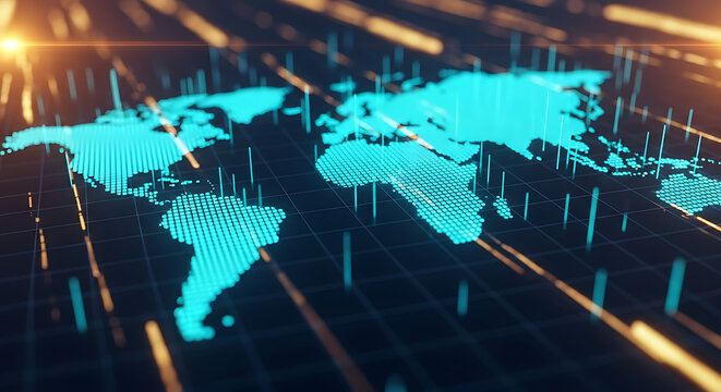 Digital World Map with Glowing Lines and Grids