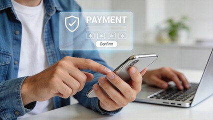 Obraz premium Secure online payment confirmation on mobile banking app, person using smartphone to verify transaction with credit card details, shield icon ensuring safety, laptop in background
