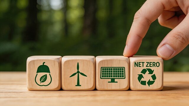 Net zero carbon emission concept with wooden blocks showing green energy icons like solar panel and wind turbine, recycling symbol and nature leaf, sustainable ecology and