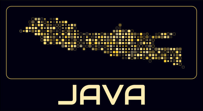 Java digital style map. Small roundedSquare dots on dark background. Dotted shape of the island. Java map and title. Classy vector illustration.