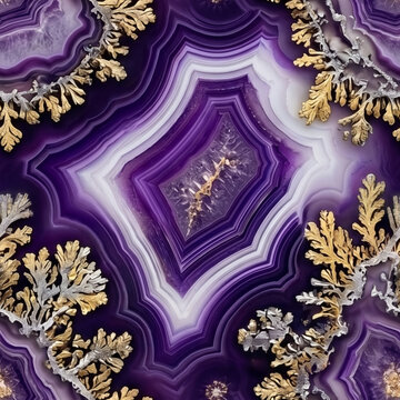 Luxury purple agate geode seamless pattern with gold kintsugi crystal lines