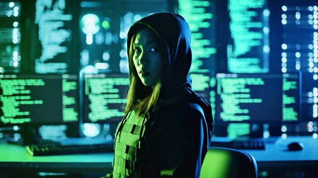 Silhouette of a hooded figure sitting in front of a bank of computer screens
