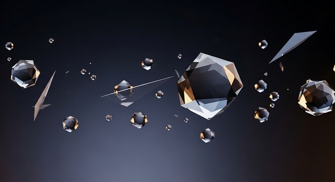 Floating geometric crystal shapes with reflective surfaces, abstract design, dark background and artistic depth