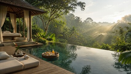 Fototapeta premium Luxury tropical resort villa with infinity pool and floating breakfast overlooking lush jungle at sunrise, exotic vacation retreat, premium travel lifestyle.
