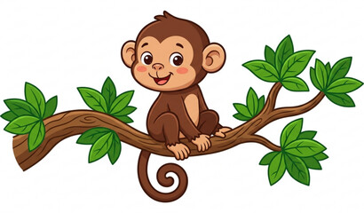 Cute monkey sitting on tree branch cartoon vector illustration isolated on white © MstLima