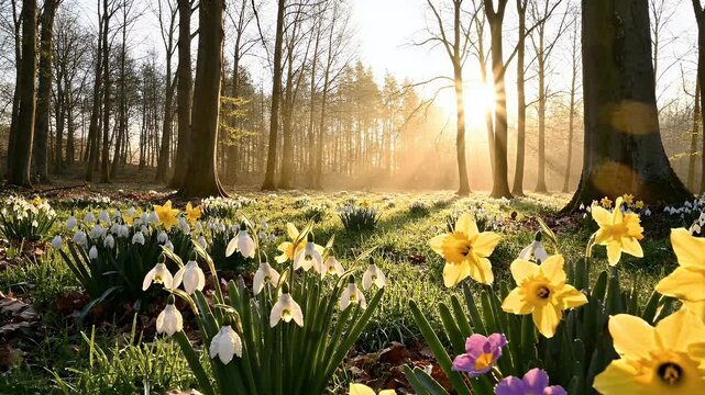 Sunlit forest floor awakens with diverse spring wildflowers, dappled light
