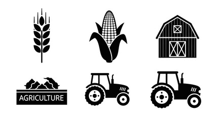 Set of agricultural icons including wheat corn barn tractor and bales. © Himin