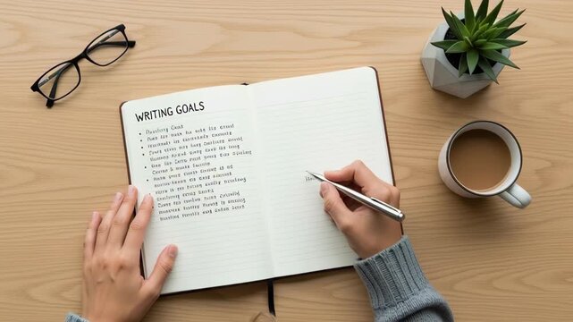 Person writing goals in notebook.