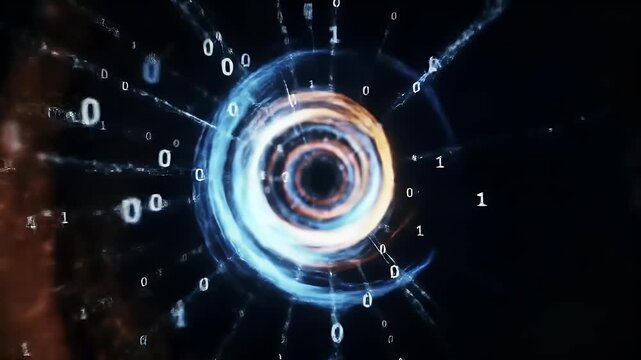 Swirling cosmic tunnel with digital binary code and nebulae