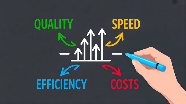 Business efficiency quality speed and costs management concept with directional arrows