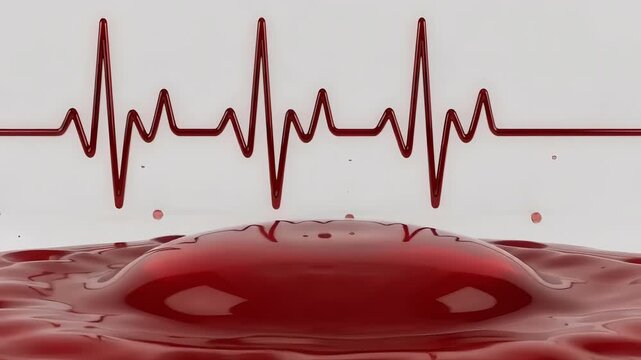 Heartbeat line monitor tracks a rhythmic pulse above a deep red liquid surface resembling blood in a medical diagnostic setting.