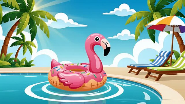 A bright, cartoon-style summer pool scene with palm trees and a flamingo float