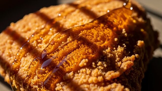 Syrup drizzled on crumbly bread loaf.