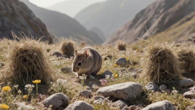 Cute wild mountain viscacha foraging for food in a high altitude valley.