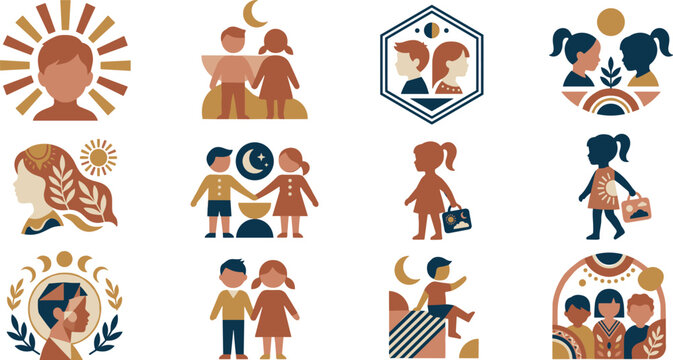 Boho Childhood and Children Development Abstract Illustration Set Featuring Boys Girls Celestial Moons Sunbursts and Earthy Geometric Icons for Education Branding
