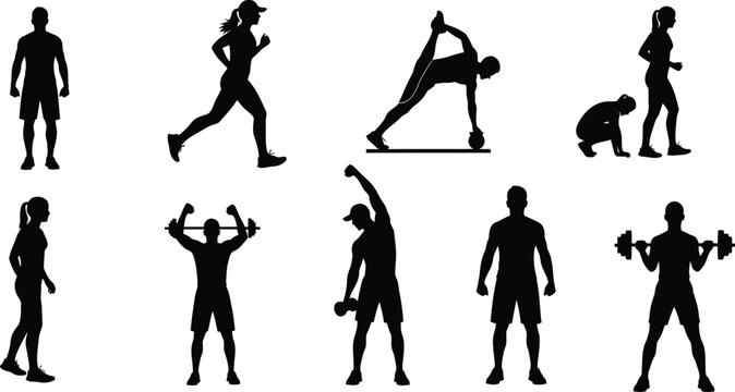 Fitness Activity Silhouette Icon Set Isolated on White Background &ndash; Sport Exercise Poses Collection Black Vector Illustration