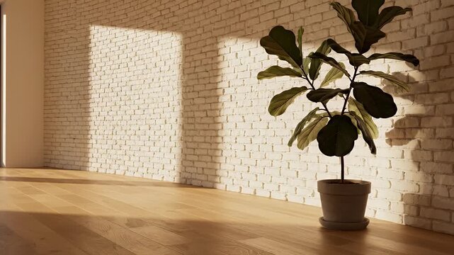 Sunlight streams into a room with a plant in a pot against a brick wall
