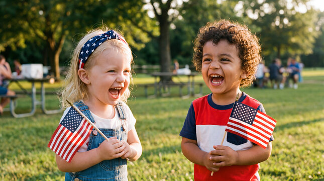 Flag Day patriotic diverse toddlers Caucasian girl and Middle Eastern boy holding American flags laughing together outdoors for inclusive summer celebration social media content