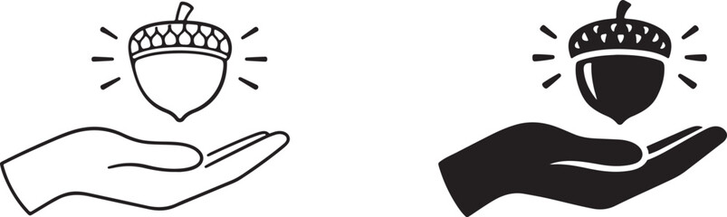 Acorn icon line art and black silhouette symbol of growth. © Creative World 2.0