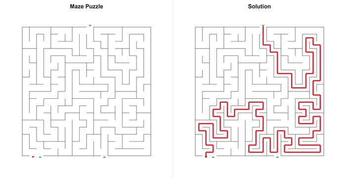 Average difficulty geometric puzzle game with multiple doors and correct pathway in basic stroke style, achromatic and emerald colors, educational testing material used for logic assessment with copy 