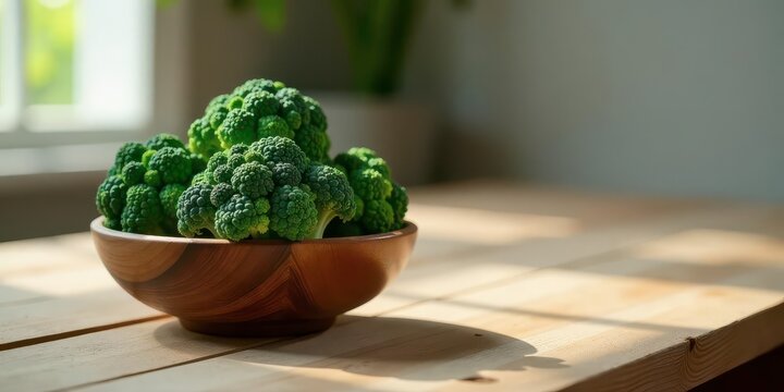 A wooden bowl filled with fresh broccoli sits on a sunlit wooden table, a healthy and vibrant image depicting natural goodness