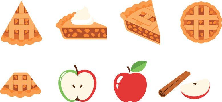 Homemade Apple Pie Vector Illustration Set Featuring Whole Lattice Crust Pies, Dessert Slices with Whipped Cream, Fresh Apples, and Cinnamon Sticks
