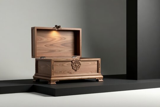 Illuminated Wooden Chest with Intricate Carving on a Dark Platform