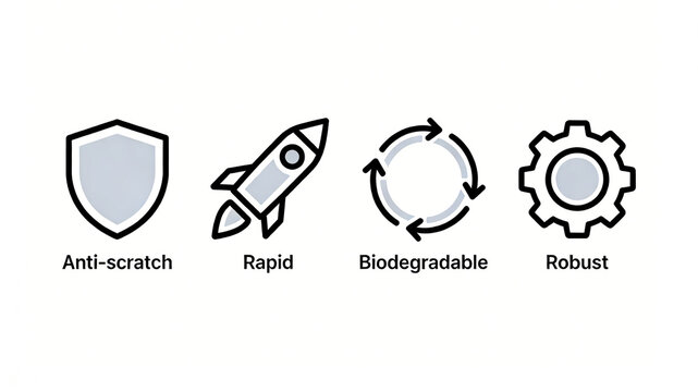 Scratch resistant shield, fast rocket, biodegradable cycle, and sturdy gear icon, made of environmentally friendly and durable materials, suitable for packaging materials and eco-friendly products.

