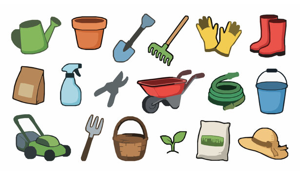 Cute cartoon gardening tools vector icon collection with playful plant care and farming equipment symbols
