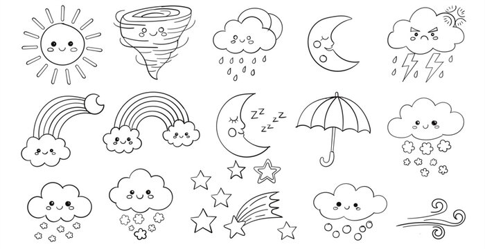 Cute weather and celestial elements doodle set hand drawn sun, clouds, rain, moon, stars, rainbow, umbrella, tornado, wind